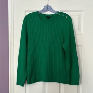 Talbots green cabled sweater with button detail at shoulder.